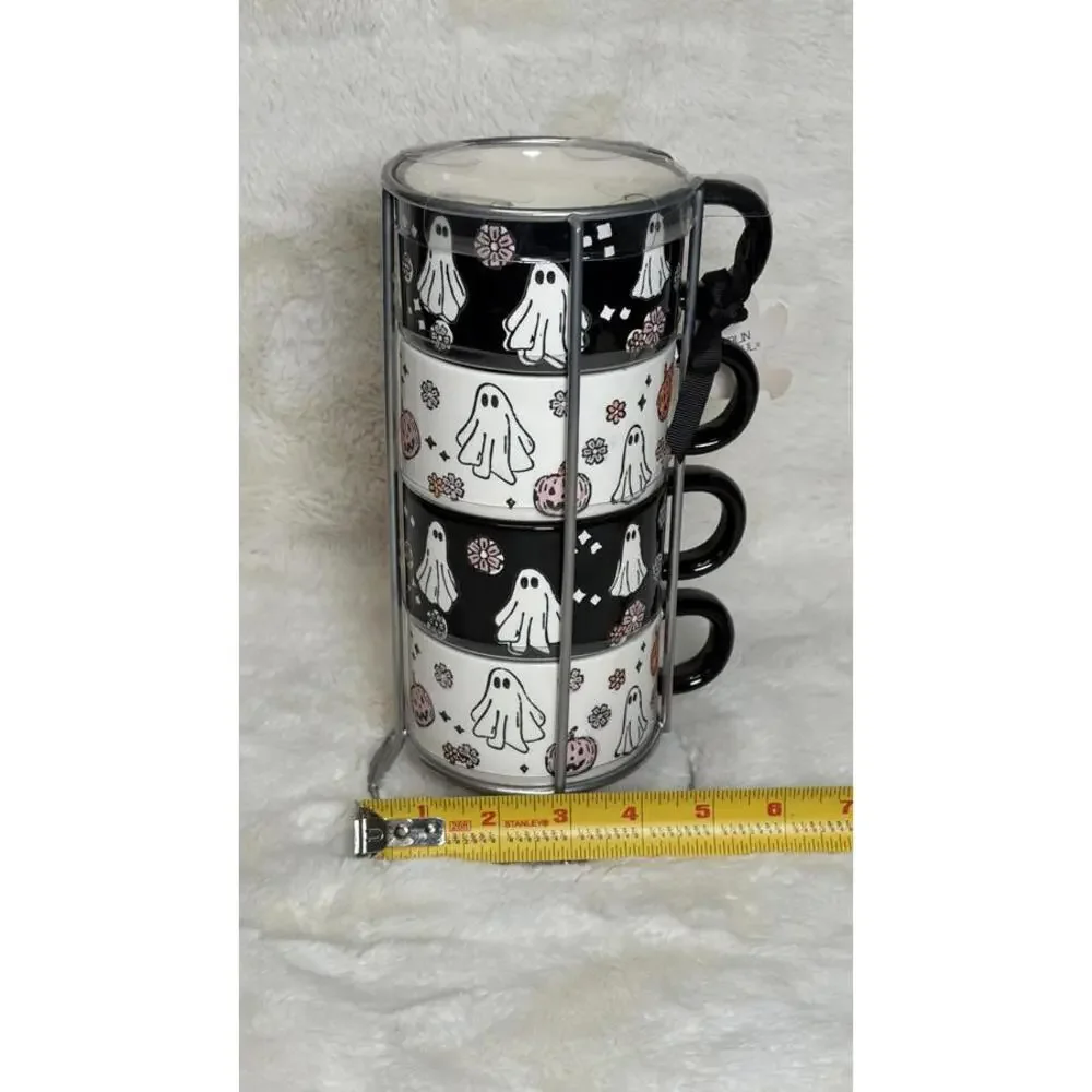 Goblin & Ghoul Ghost & Pumpkin Stacking Mug Set – Coffee Cups with Metal Stand